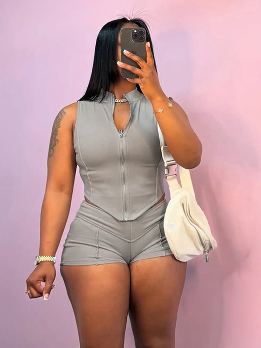 kliou Casual Summer Women Shorts Set Solid Active Irregular Zip-up Tank Tops+Stretch Bottoms Mujer Basic Matching Street 2 Piece