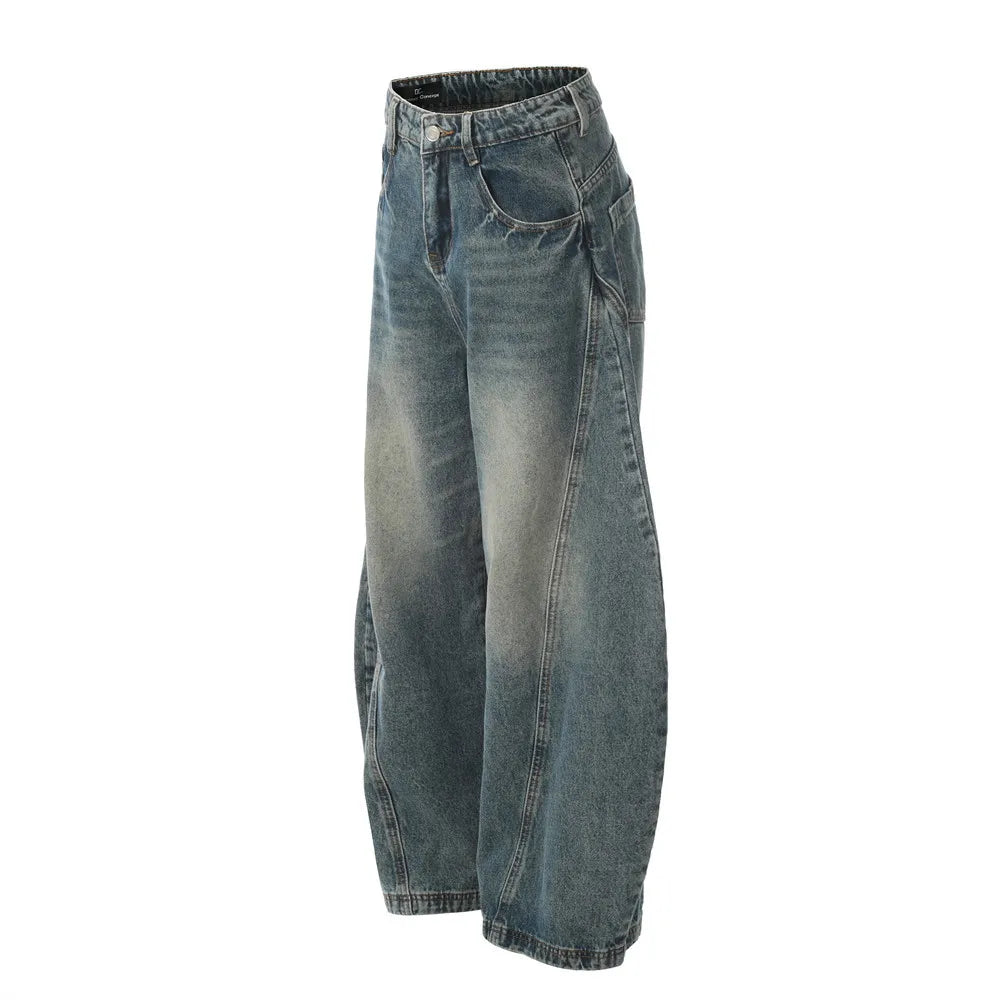 2025 New Mens Jeans Japanese Streetwear Washed Distress Scimitar Design Jeans Summer Fashion Casual Baggy Wide Leg Trousers Male