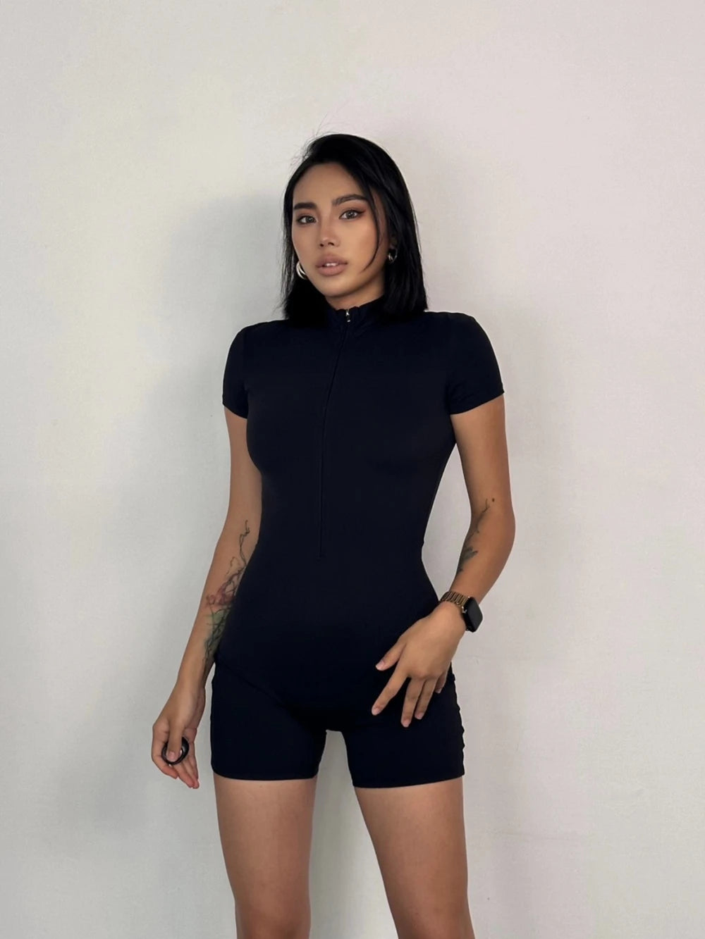 Womens Yoga Jumpsuits Short Sleeve Thin Slim Fit Stretch One Piece Playsuits Romper Sexy Fitness Female Basic Zipper Sportwears