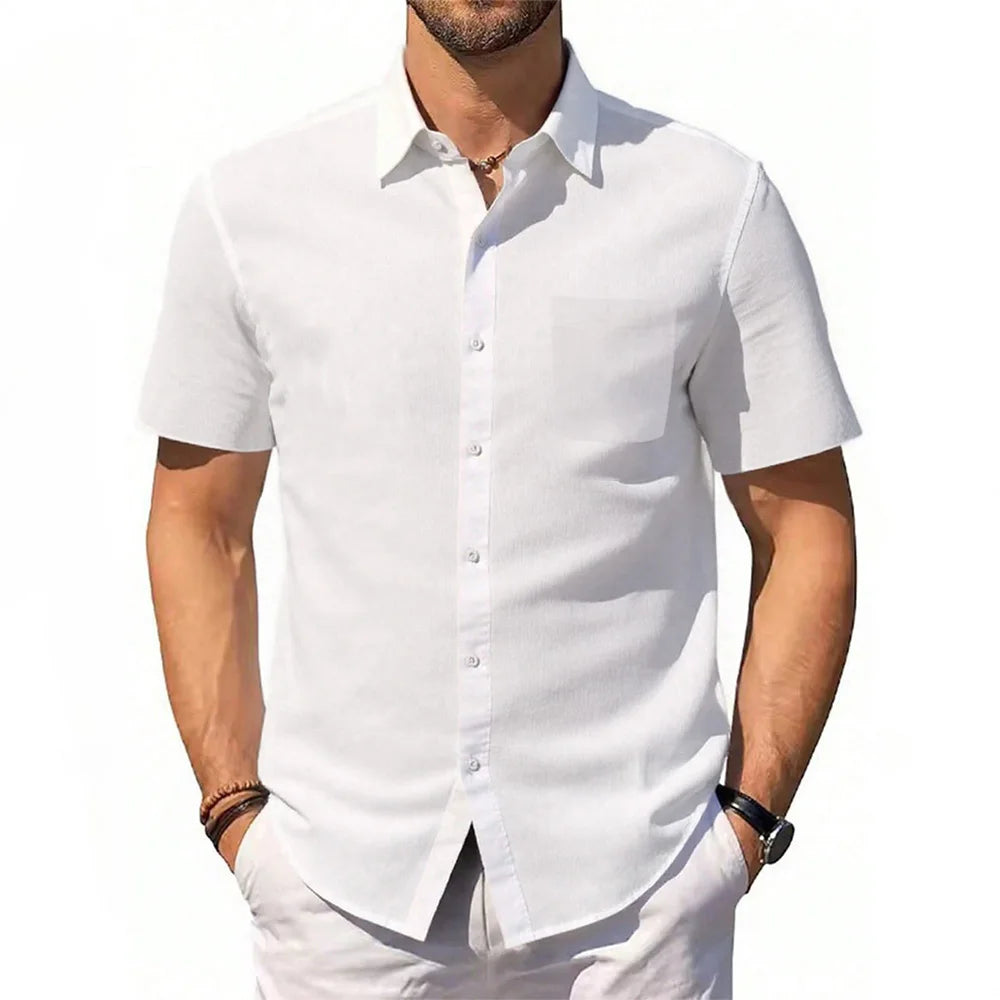 Mens Short Sleeve Shirt Summer New Cotton Linen T-shirt S Lightweight Breathable Beach Tops Turn Down Collar Casual Button Up