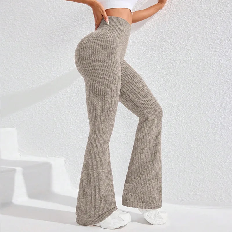Seamless High Waist Yoga Flared Pants Textured Ribbed Design Tummy Control Fitness Workout Stretchy Bootcut Leggings Comfort