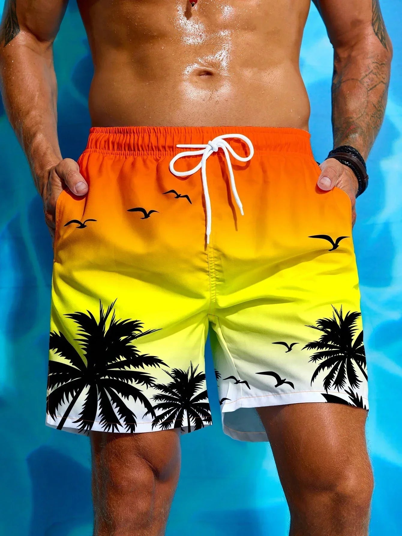 New Summer Vacation Men's Palm Tree Print Drawstring Waist Board Shorts Fashion Swim Trunks 3D Print Breathable Short Streetwear