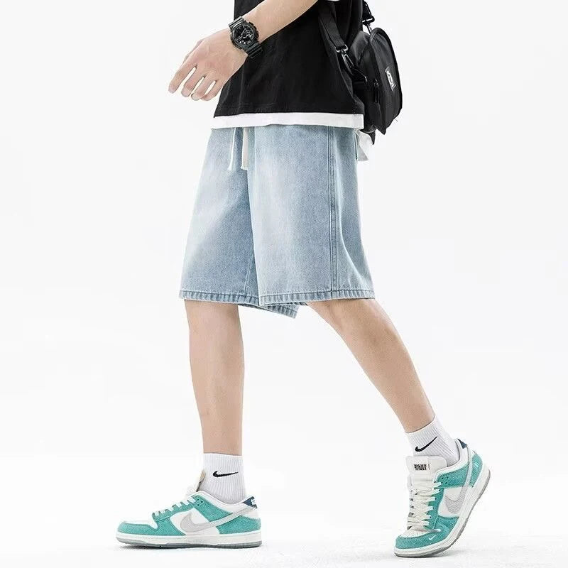 Men Casual Denim Shorts Male New Elastic Waist Straight Leg Comfortable Light Blue Soft Short Pants Baggy Wide Leg Jeans
