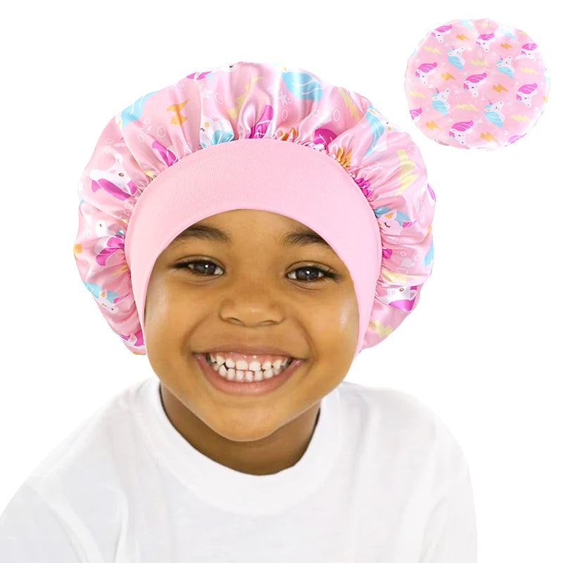 Cartoon Baby Kids Print Satin Bonnet Sleep Hat Cap for Curly Hair Adjustable Silky Satin Cap for Toddler Night Sleep Caps Beanie