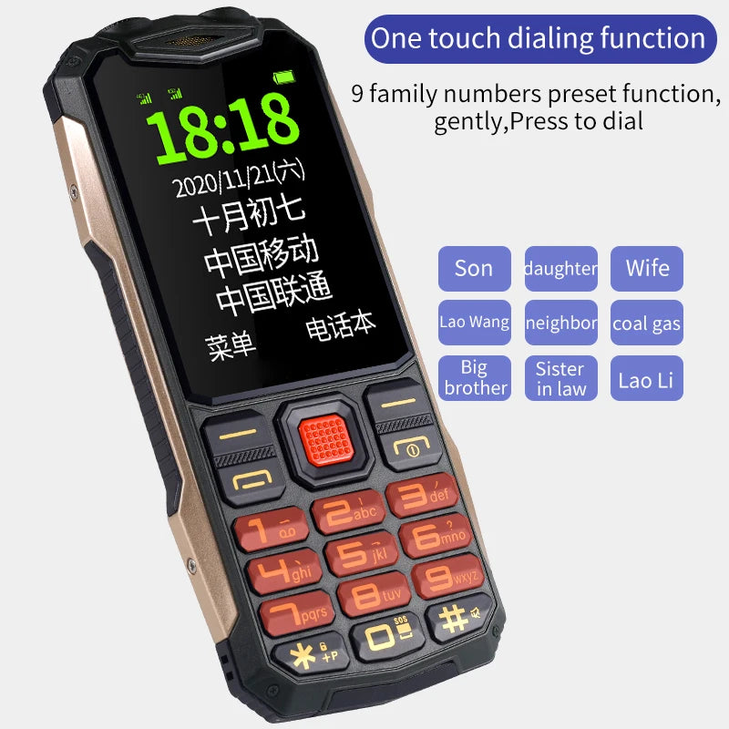 Mobile Phone Durable Rugged Outdoor Power Bank Slim Size Big Battery SOS Call Quick Dial Loud Sound Two Torch Camera