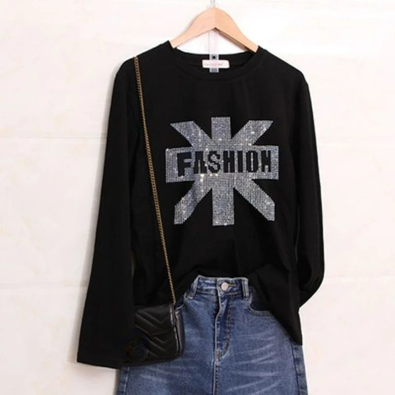 Glitter T Shirts for Women Korean Fashion Sequin Clothing Black Clothes Aesthetic Woman T-shirt  Rhinestone Streetwear Top Loose