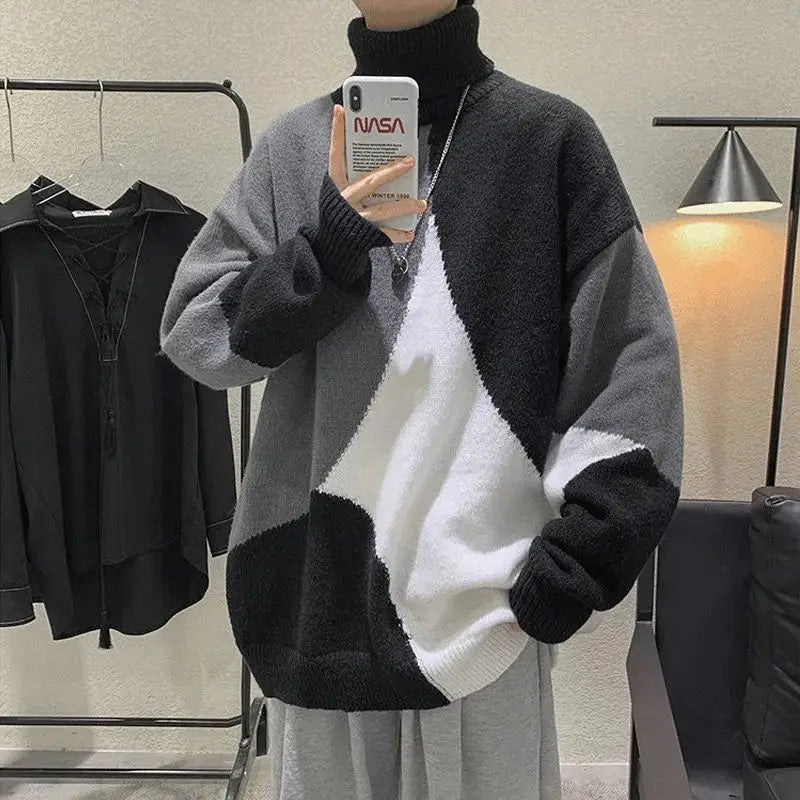 Knitted Turtleneck Warm Sweater Men Fashion Autumn Women Patchwork Streetwear Casual Pullovers All-match Loose Bottoming Sweater