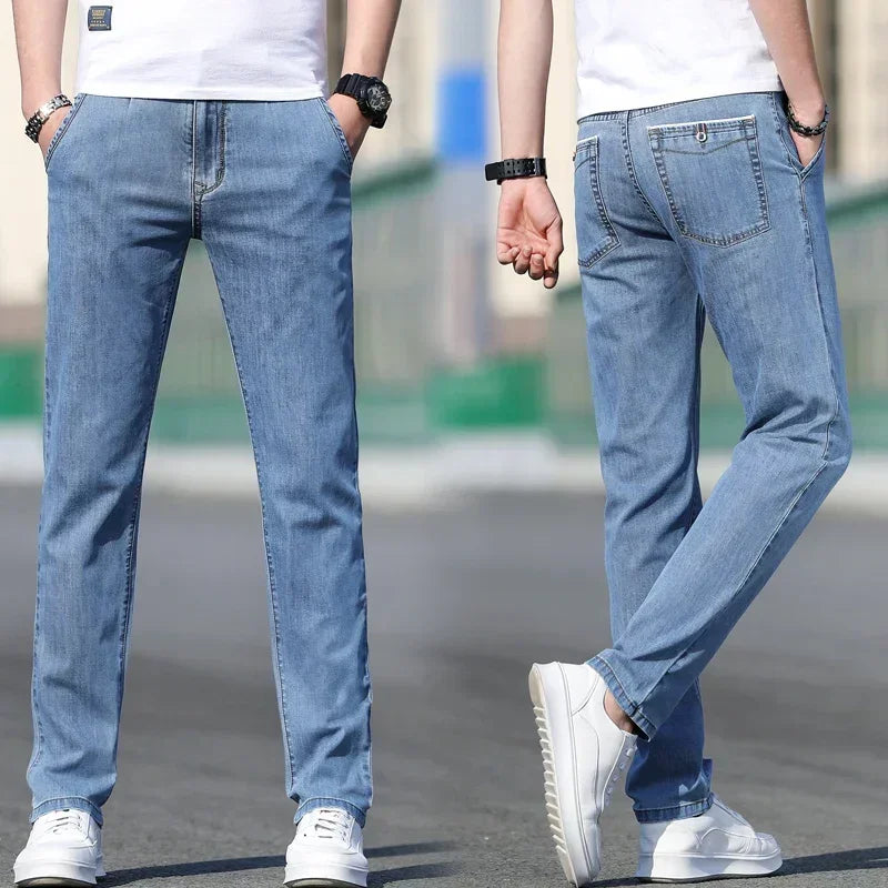 2025 Summer New Men's Loose Gray Jeans Fashion Casual Stretch Straight-leg Denim Pants Male Light Blue Men's Trousers