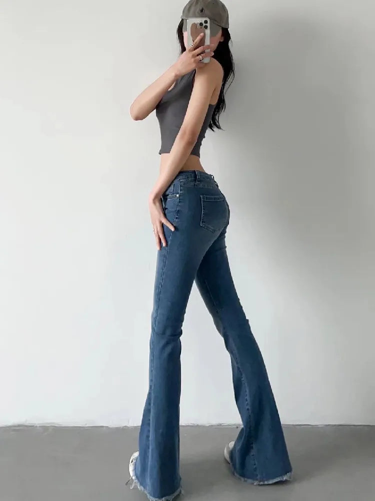 2022 Spring Autumn Sexy Low Waist Floor Length Burr Cuff Flare Jeans Women Vintage Stretch Denim Pants Streetwear Long Trousers