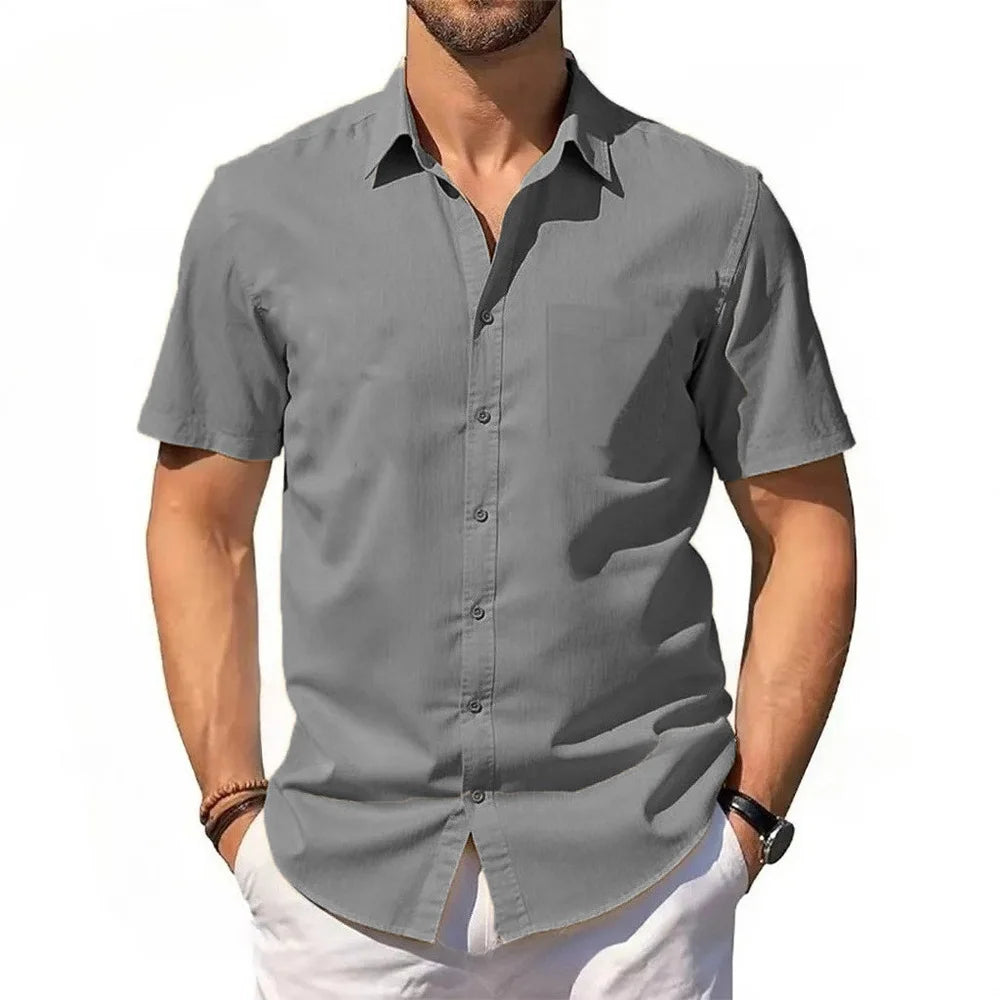 Mens Short Sleeve Shirt Summer New Cotton Linen T-shirt S Lightweight Breathable Beach Tops Turn Down Collar Casual Button Up