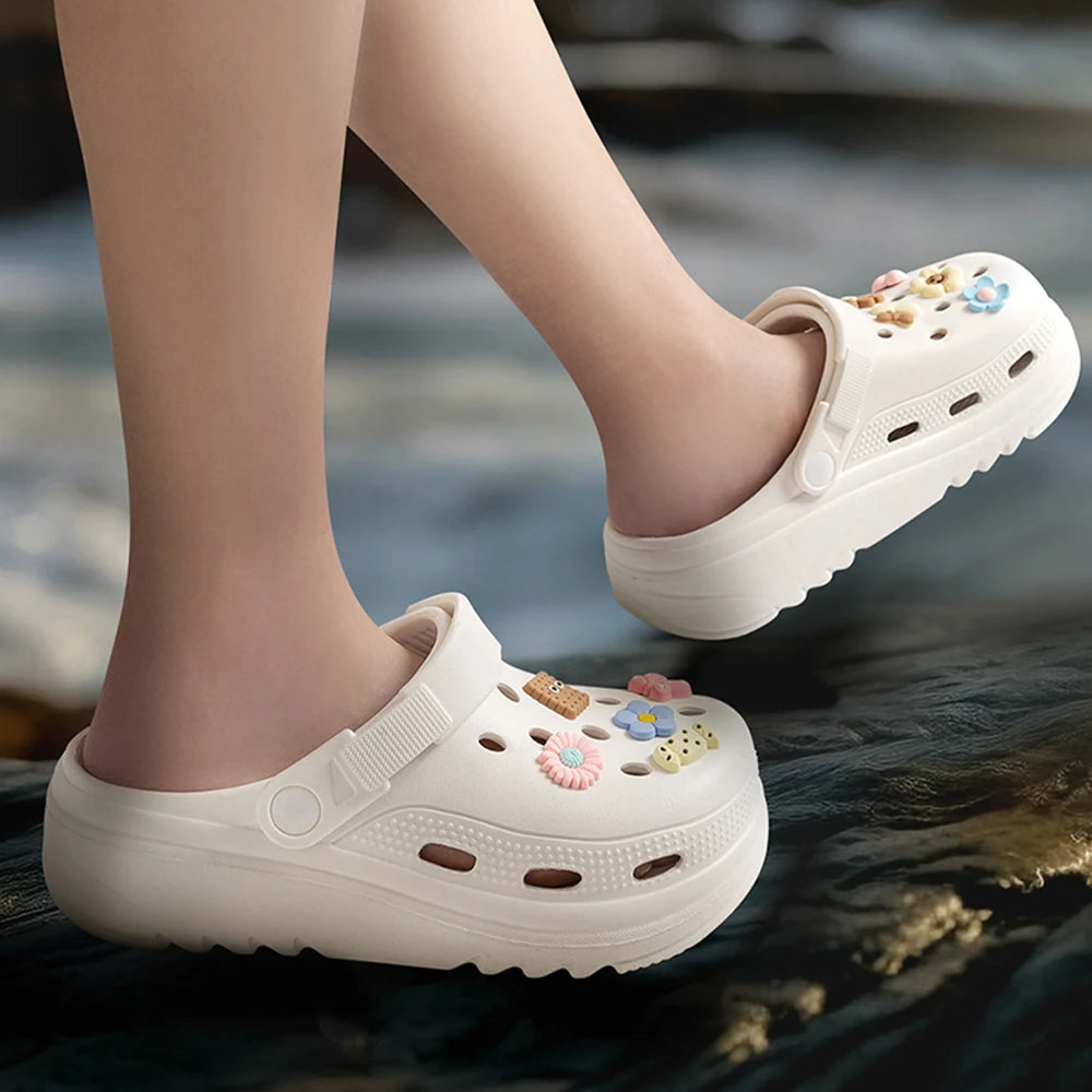 BASATU Women Garden Clogs Thick Platform Sandals Hollow Out Sandals Solid Color Non-slip Soft Sole Beach Shoes Summer Slippers