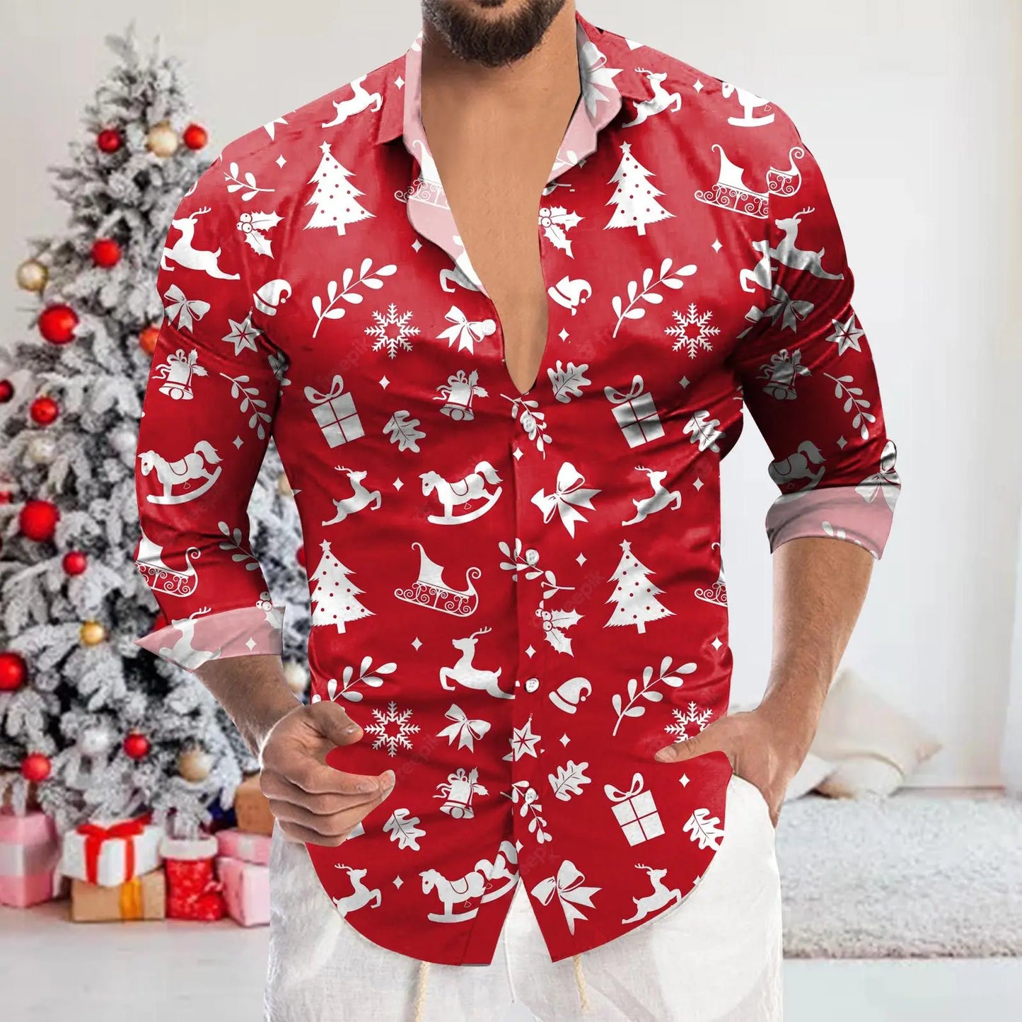 Men's Shirt Merry Christmas Print Long Sleeve Shirt For Men Vacation Party Luxury Y2k Hawaiian Smooth Clothes Streetwear Blouse