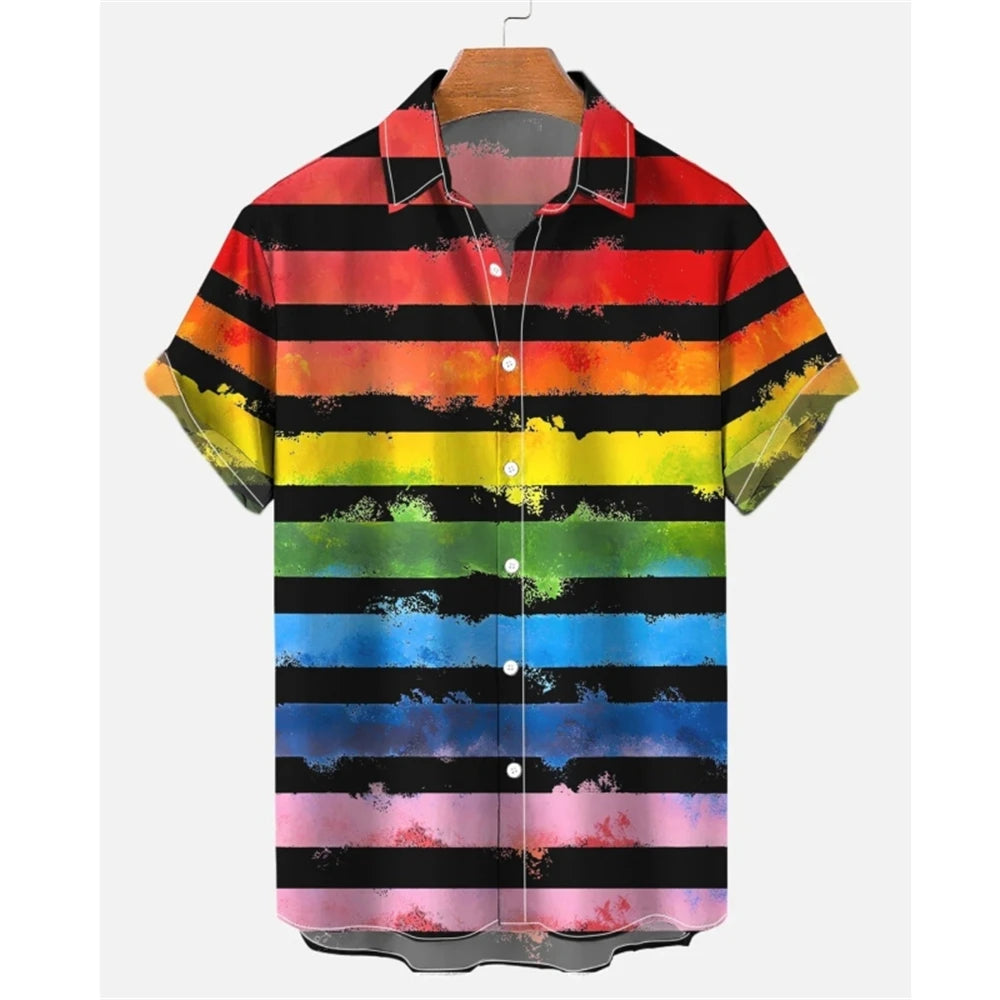 Summer Oversized Romantic Men'S Shirt Rainbow Pattern Fashion Short Sleeve Print Top Simple High Quality Street Loose Hawaiian