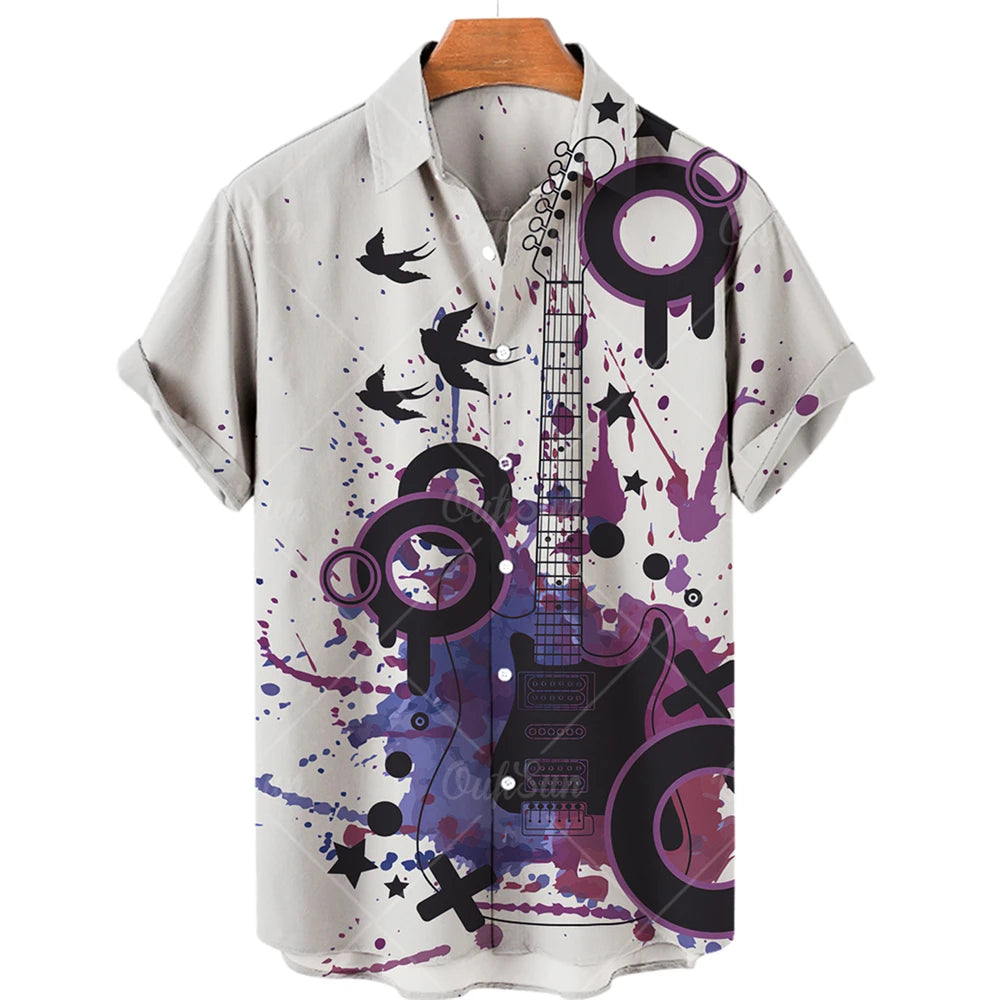 Men's Hawaiian Shirts For Men Casual Musical Instruments 3D Printed Shirts Loose Short-sleeve Beach Blouses Tops Camicias homme