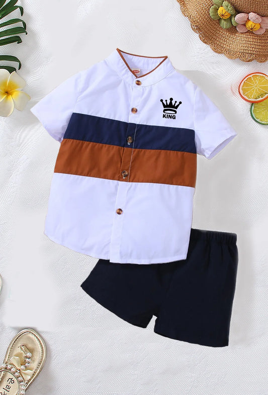 Summer Boys Front Button Cardigan Stand Collar Cartoon Printed Short Sleeve Shorts Casual Two-Piece Set