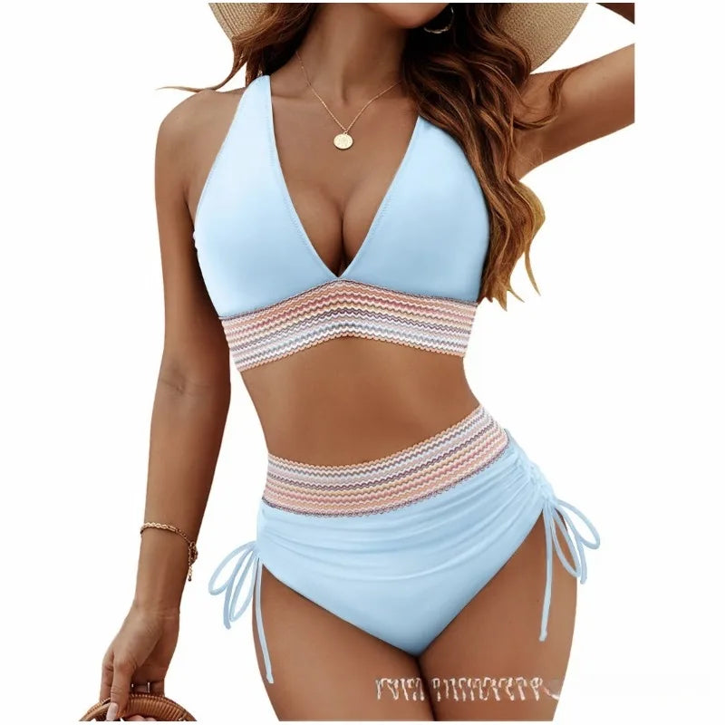 New Fashion Bikini Gathered High-waisted V-neck Strappy Multi-color Bikini Separates Swimsuit Micro Bikini Bathing Suit Women