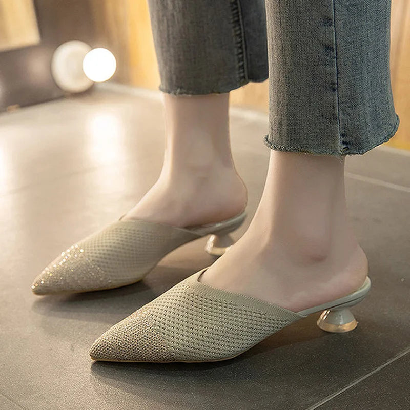 Elegant Medium Heel Women's Mules Shoes Women Designer Rhinestone Luxury Party Slippers Summer New 2024 Sandals Fashion Slipper