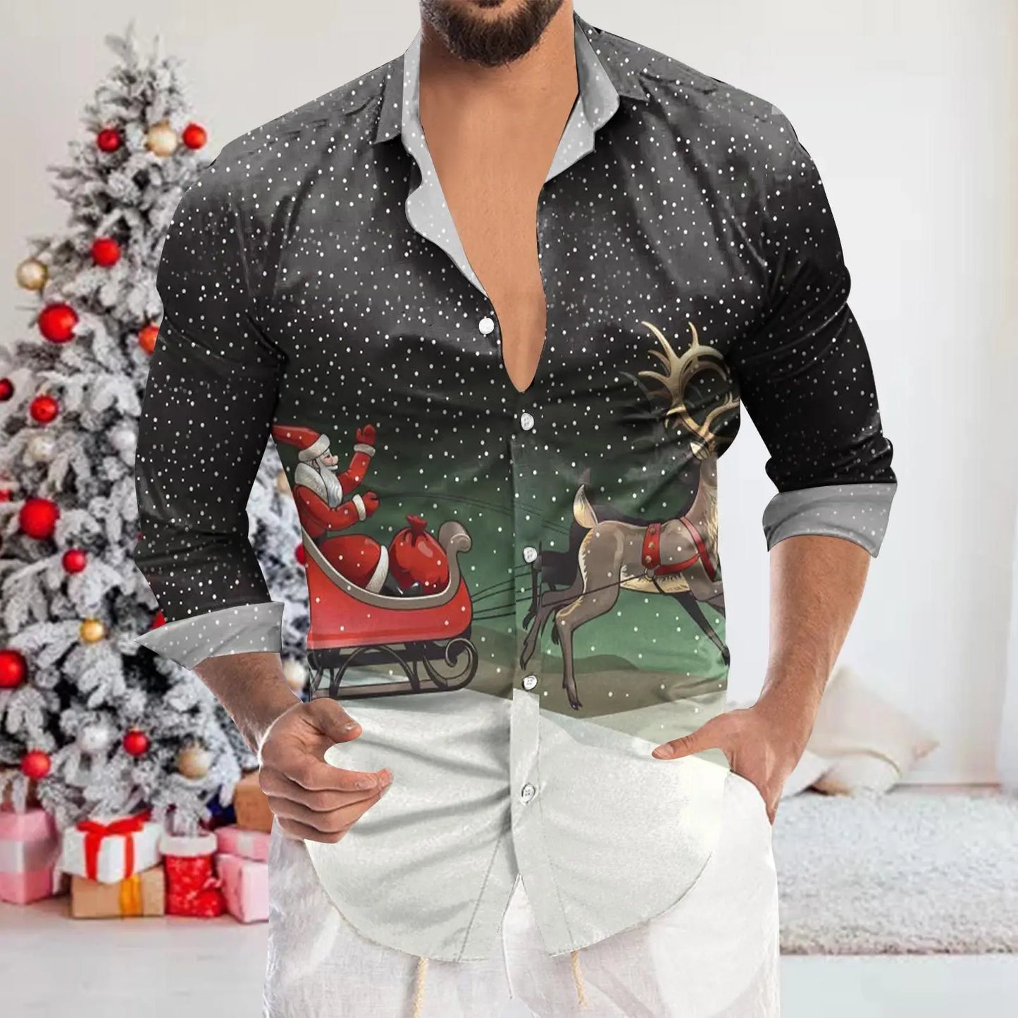 Men's Shirt Merry Christmas Print Long Sleeve Shirt For Men Vacation Party Luxury Y2k Hawaiian Smooth Clothes Streetwear Blouse