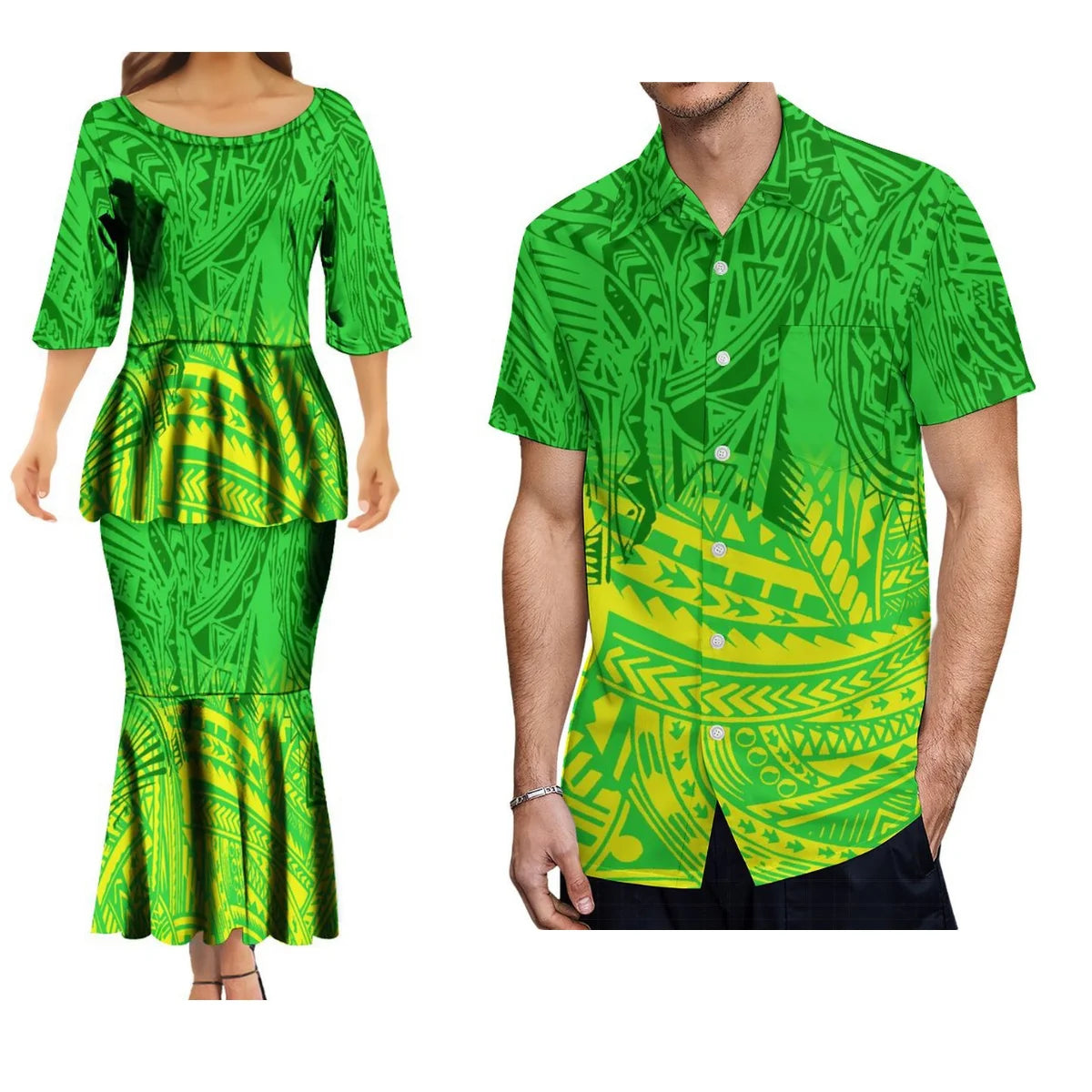 Polynesian Tribes Print Family Matching Clothing Couple Clothing Samoan Dress Puletasi Suit And Plus-Size Men'S Shirt
