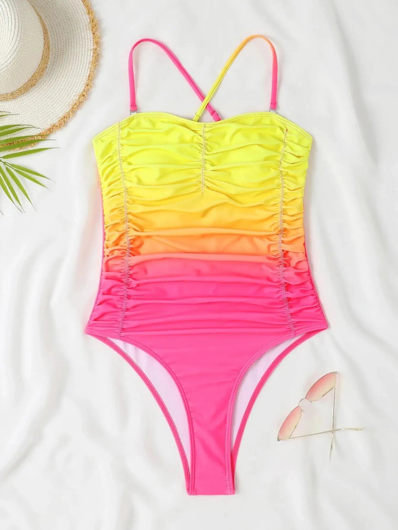 Cikini-One Piece Swimsuit for Women, Backless Criss Cross Beachwear, Sexy Swimwear, Ombre Bathing Suit, Summer, New, 2022