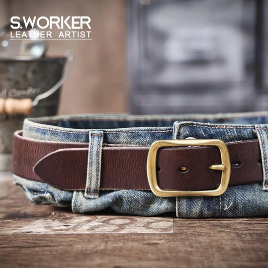 Vintage Genuine Leather Men's Belt With Copper Buckle, Handmade Casual Pin Buckle Belt With Gift Box, Thickened Top-layer Italia