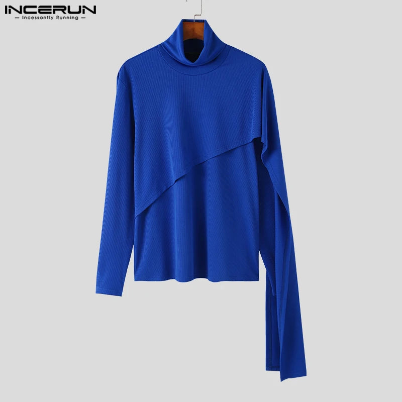INCERUN Men Irregular Pullovers Solid Color Turtleneck Long Sleeve Knitted Casual Sweaters Streetwear Autumn 2023 Men Clothing