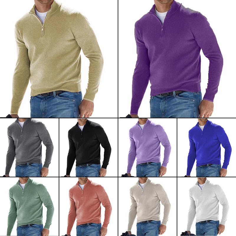 Men Spring Autumn Sweatshir Imitation Cashmere Zipper Basic Sweater Long Sleeve Sweater Half Zipper Turtleneck Warm Pullover