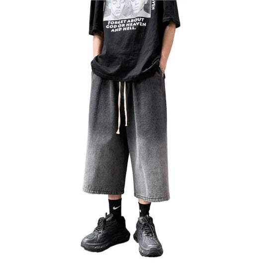 Men Denim Shorts Wide Leg  Jorts Jeans Black Man Summer Streetwear Oversize Casual Baggy