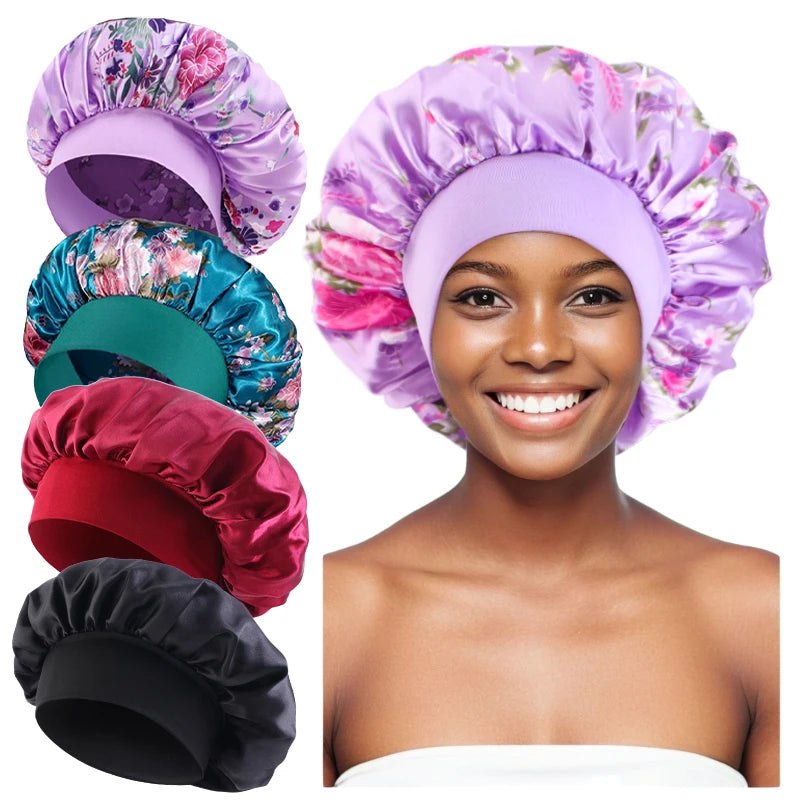 4PCS/LOT Satin Wide Brim Floral Nightcap Bonnet Hair Wrap Night Sleeping Sleep Cap Elastic Soft Band Hair Care Shower Hat