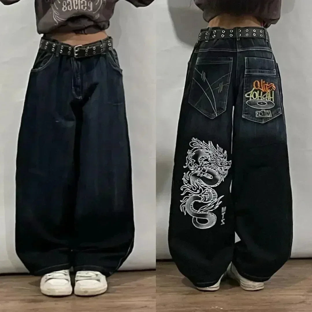 American Y2K New Hip Hop Gothic Embroidered Straight Jeans Men Street Casual Loose Oversized Mopping Wide-leg Pants Couple Jeans