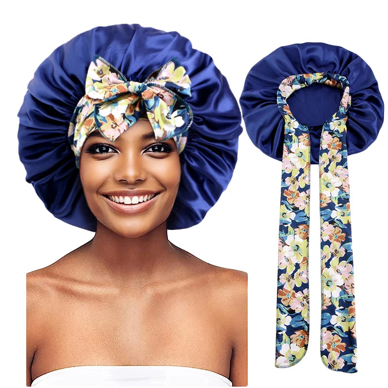 Women's Lace-up Satin Bonnet With Wide Stretch Ties Band Long Tail Bonnet Satin Cheveux Nuit Silky Sleeping Night Cap Bonnets