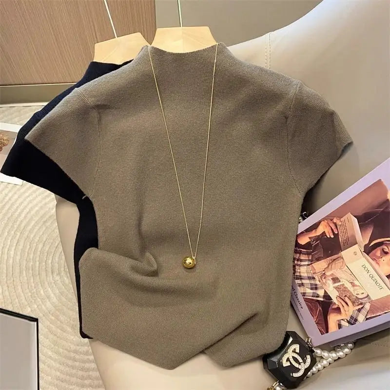 2025 Basic Turtleneck Solid Thin Summer Pullover Women Female Knitted Sweater Slim Short Sleeve Bodycon Sweater