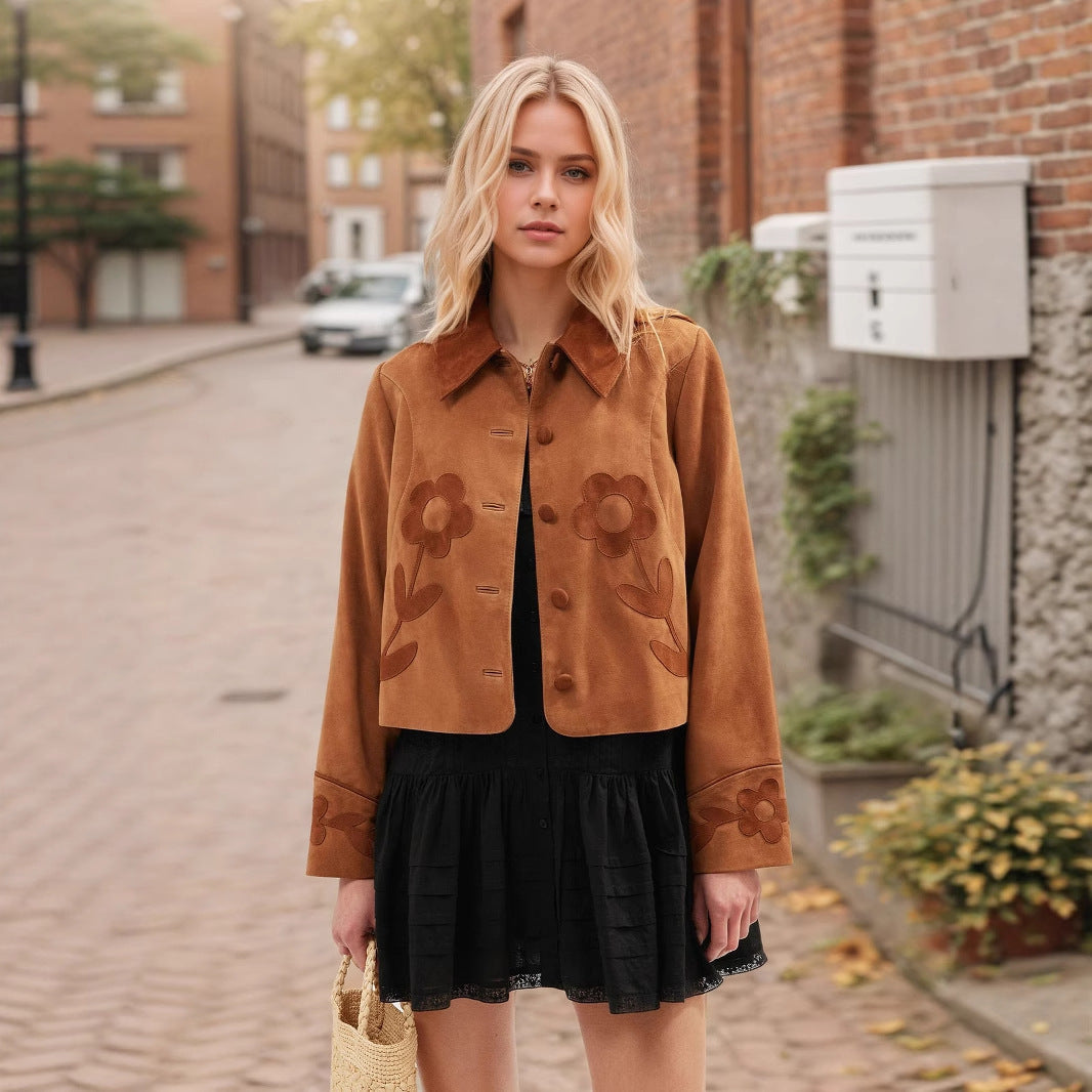 Elegant Vintage Suede Flower Short Coat