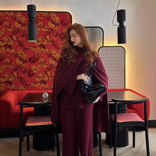 Crew Neck Pullover Sweater Skirt With Scarf Three-piece Set