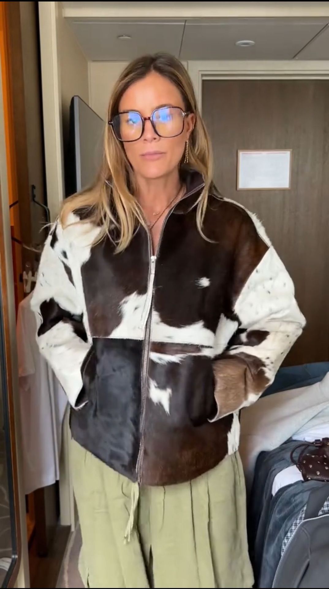 New Cow Pattern Pocket Zipper And Lapel Women's Jacket Coat