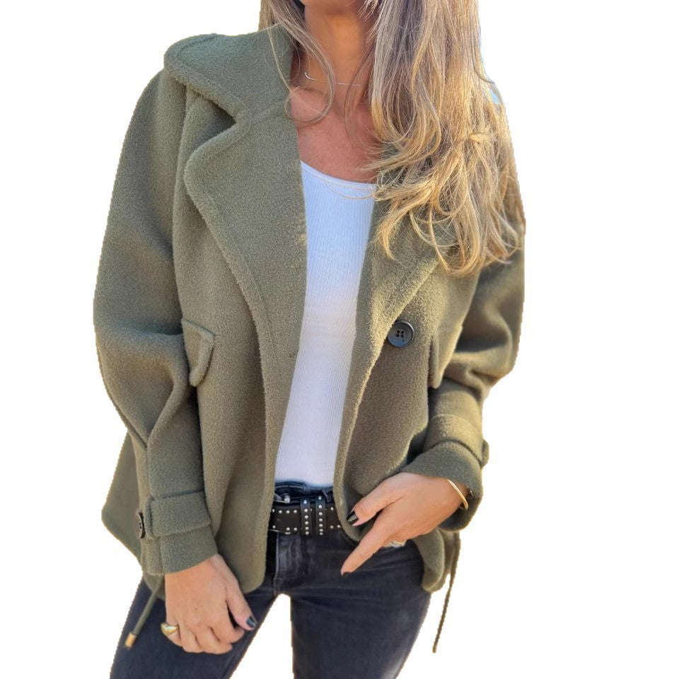 Women's Solid Color Casual Woolen Lapel Button Faux Pocket Coat