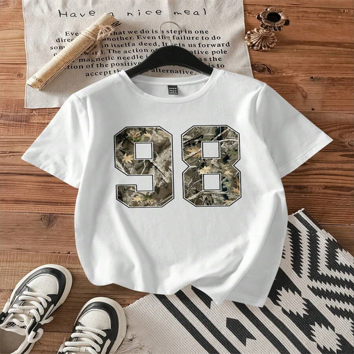 Round Neck Numbers Camouflage Top For Women