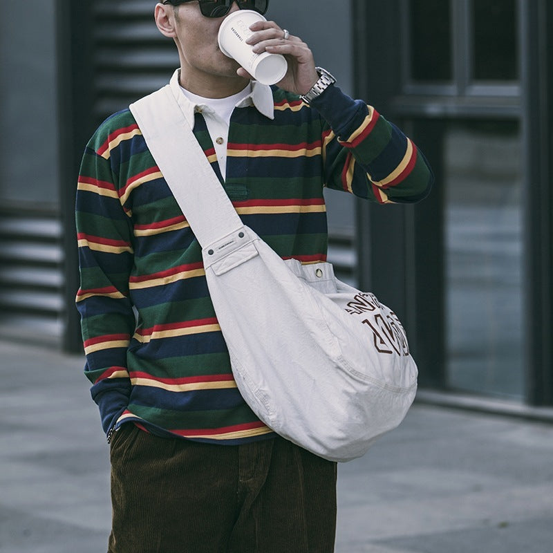 Men's Polo Collar Stripes T-shirt Retro Long Sleeve