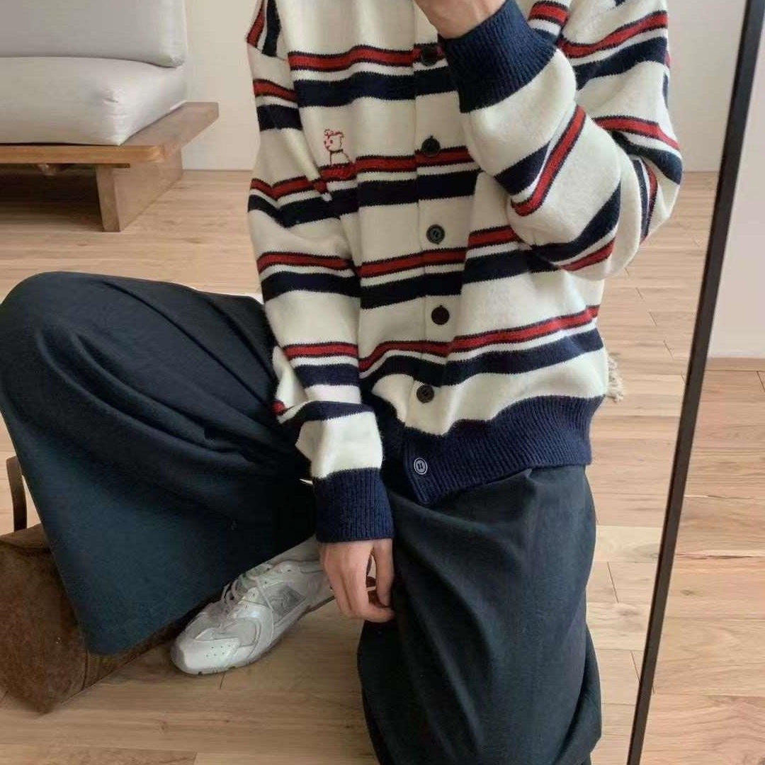 Women's Loose Round Neck Striped Contrast Color Puppy Embroidered Coat