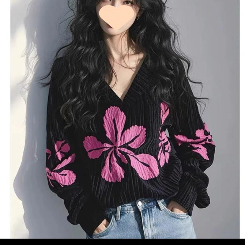 Sexy All-matching Show Thin Black Flower Print Top