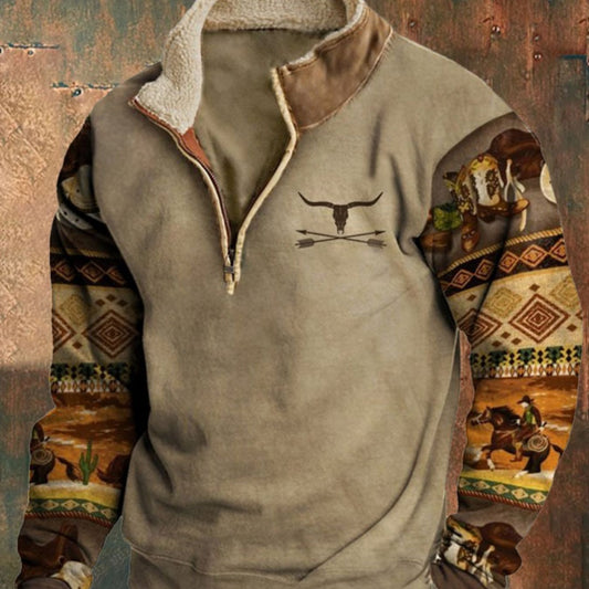 Fur Collar Long Sleeve Half Zipper Printed Casual Jacket Coat