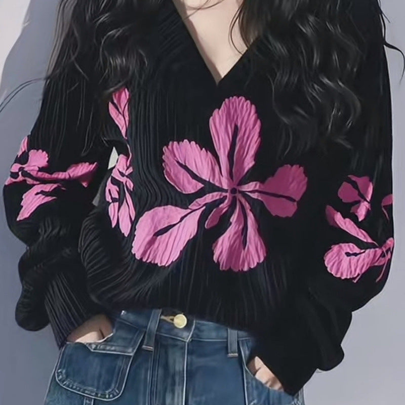 Sexy All-matching Show Thin Black Flower Print Top