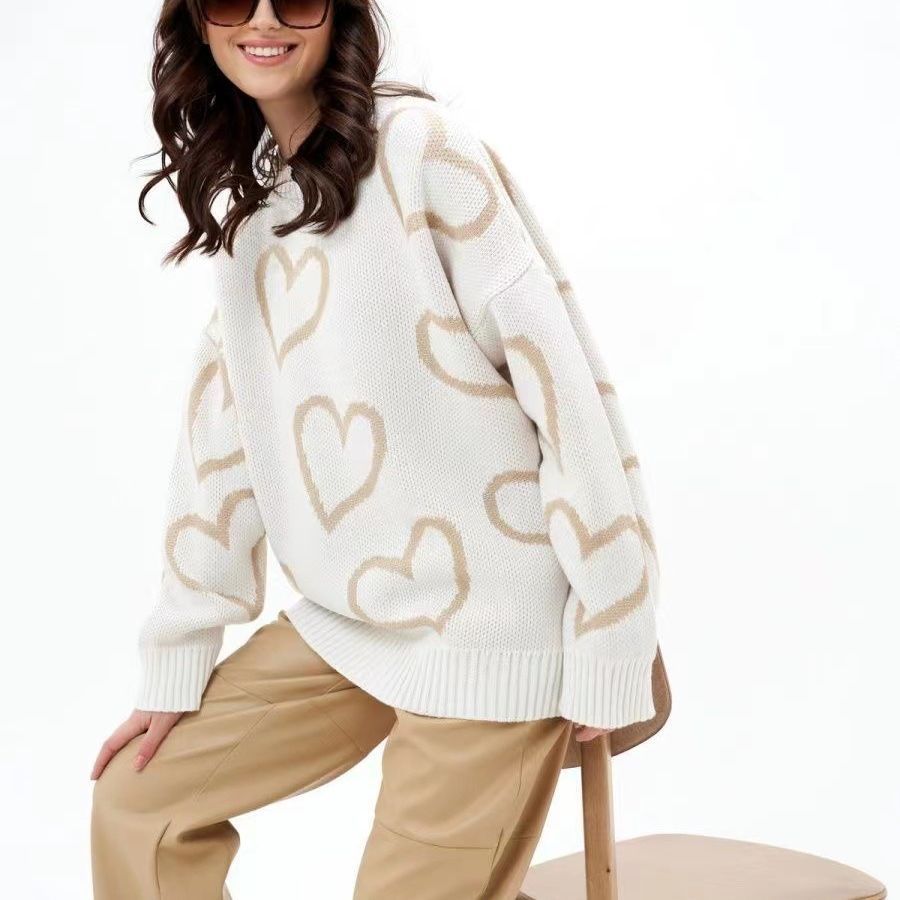 Round Neck Love Contrast Color Loose Pullover Sweater
