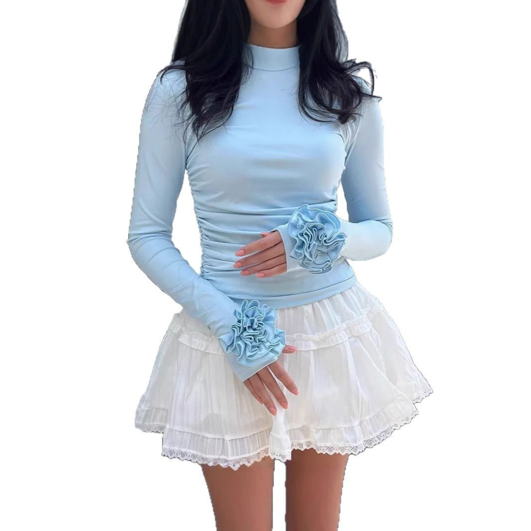 Three-dimensional Floral Long Sleeve Niche Round Neck Slim-fit Tops