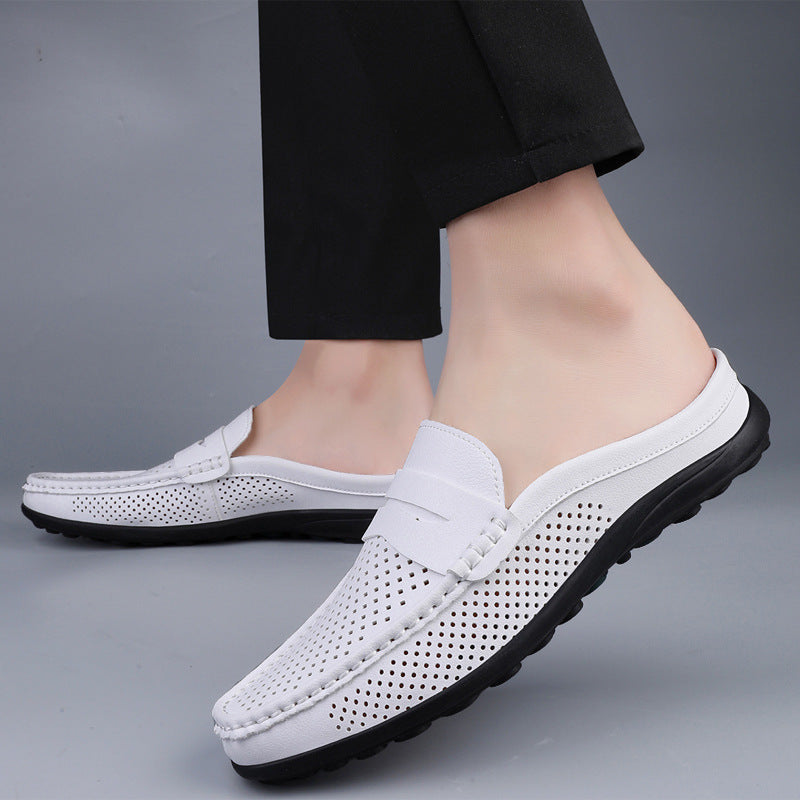 Casual Hollow Leather Shoes Breathable Half Slippers