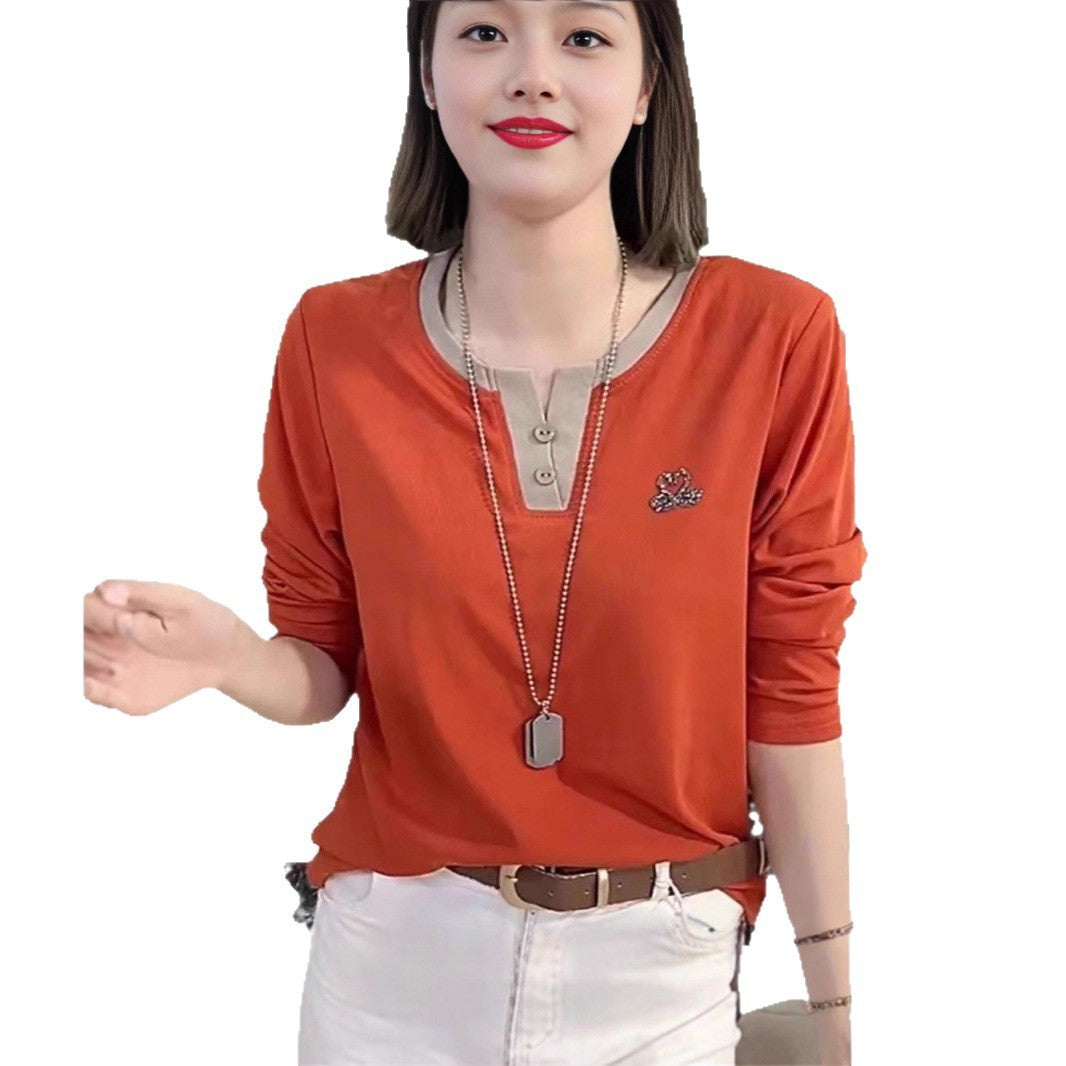 Women's Long-sleeved T-shirt V-neck Bottoming Shirt Hot Rhinestone Casual Top