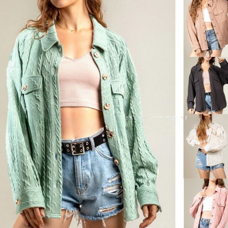 Fashion Large Pocket Twist Knitted Shirt Coat