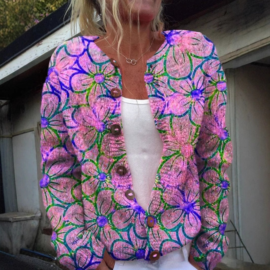 3D Floral Print European And American Knitted Coat Fashion Women's Wear