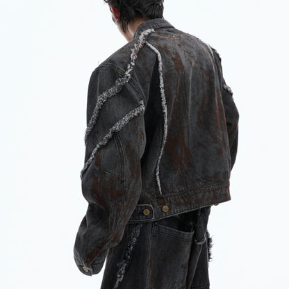 Raw Edge Splash-dyeing Distressed Padded Shoulder Denim Coat