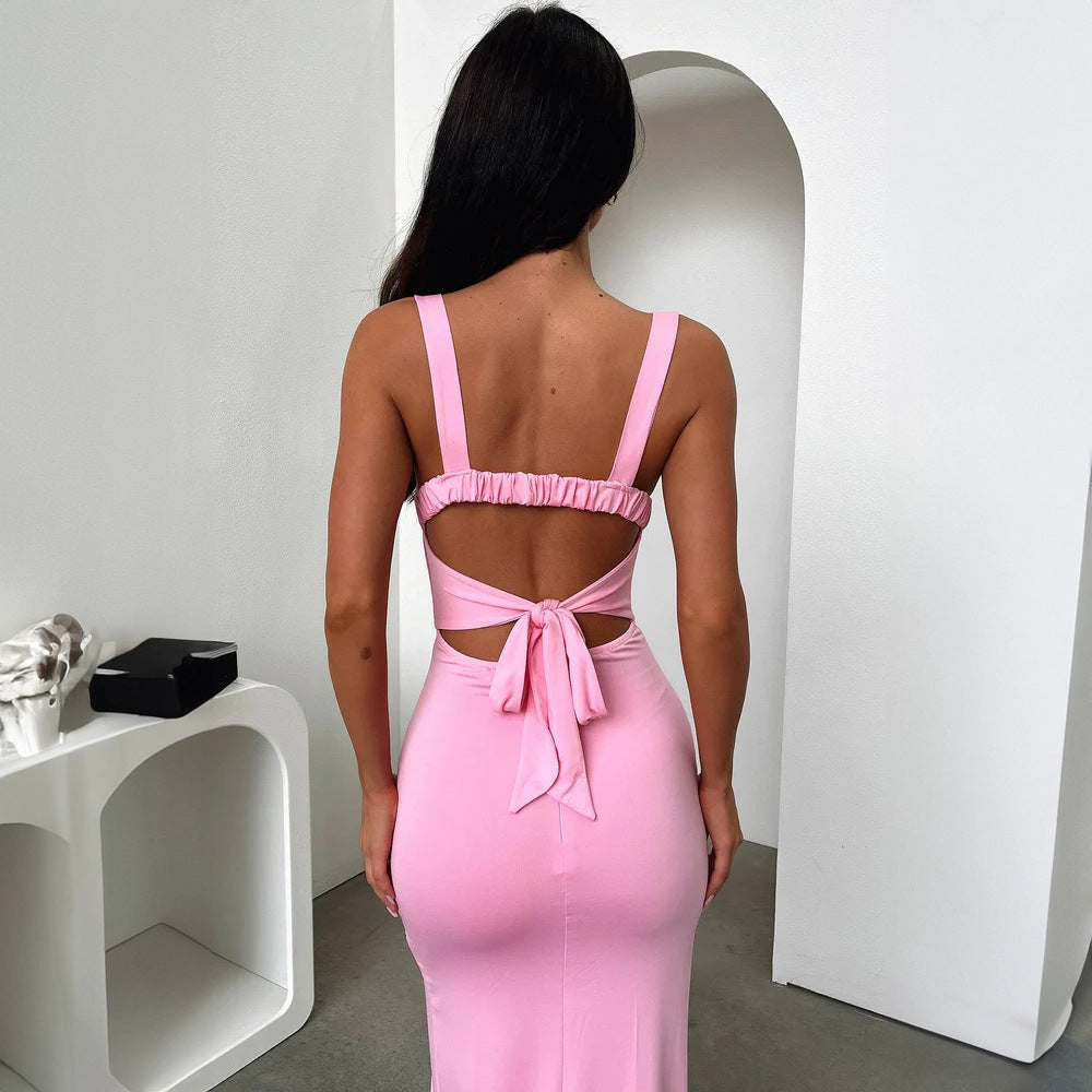 Split Backless Suspender Sheath Women's Clothing Dress